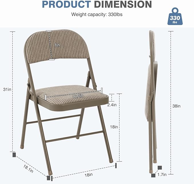 DUMOS 12 Pack Folding Chairs with Padded Cushion and Back - Fabric Stackable Portable Dining Chairs Set, for Home and Office, Conference, Wedding, Party, Patio, Garden, for Indoor Outdoor, Khaki