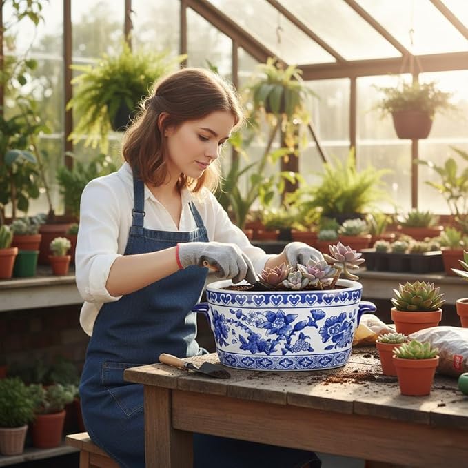 Blue and White Ceramic Planter Pot – Vintage Floral Oval Cachepot Vase for Indoor Plants, Flowers & Succulents – Glazed Chinese Porcelain Style Decorative Bowl –10.6" Size – No Drainage