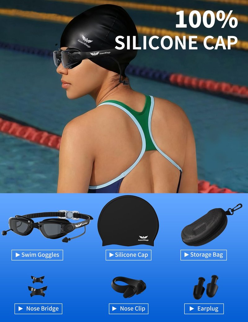 AzureWings 7 in 1 Swim Goggles + Swim Cap for Men Women,No Leak Anti-Fog & UV, Wide Visio HD Mirror PC Lens