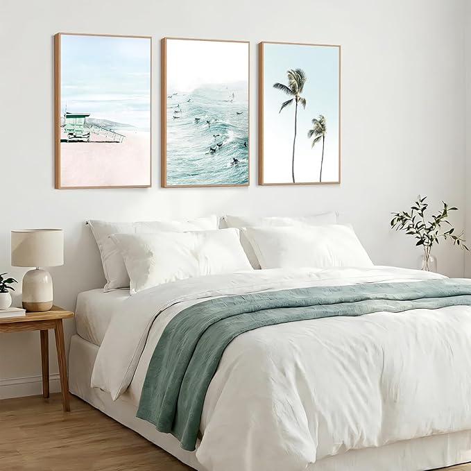 CHDITB Coastal Framed Canvas Wall Art, Beach Surfing Posters, Neutral Palm Tree Ocean Decor, Summer Vacation Artwork Tropical Seaside Painting for Home Living Room Coastal Bedroom 24"x36"x3