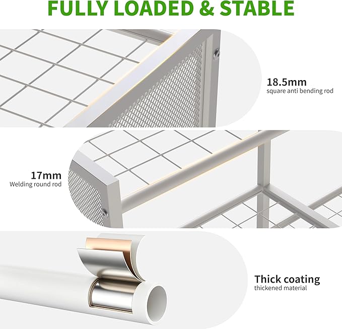 HOTEAGLE Yard Tool Organizer for Garage 35.4" Width High Stability Outdoor Metal Utility Rolling Cart with Mute Wheels, 18.5mm Thick Rods Ideal Garden Tool Rack, Easy to Clean,White