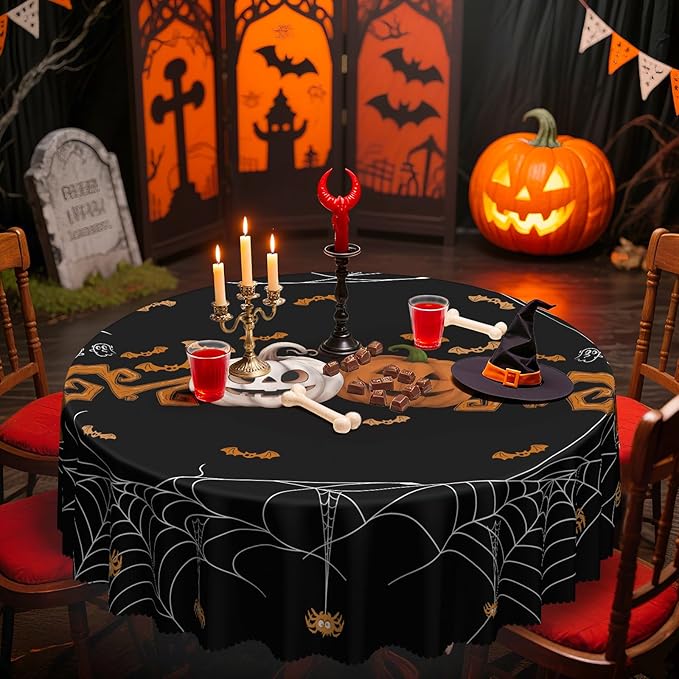Eikione Round Halloween 60In Tablecloth, Spider Haunted House Decorative Table Cloth, Waterproof and Washable Fabric Table Cover for Party Kitchen Dining Room
