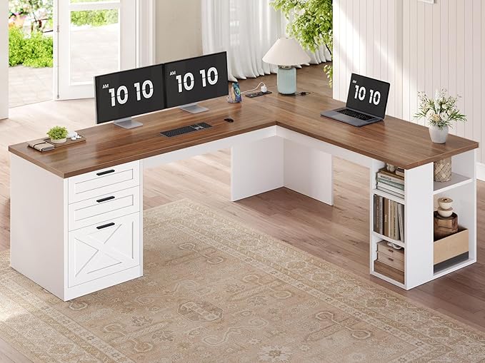 SEDETA Farmhouse 67" L Shaped Desk with 3 Drawers, White Corner Computer Desk with Storage Shelves, Home Office Desks with Power Outlets，Executive Desk for Home Office, White and Brown