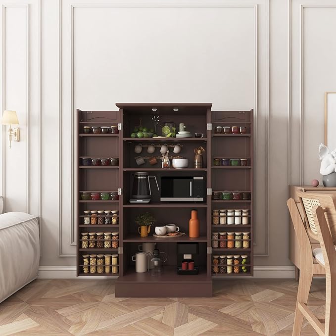 47” Pantry Cabinet, Kitchen Pantry Storage Cabinet with Doors & Adjustable Shelves, Brown Freestanding Buffet Cupboards Sideboard for Living Room and Dinning Room, Sturdy and Durable