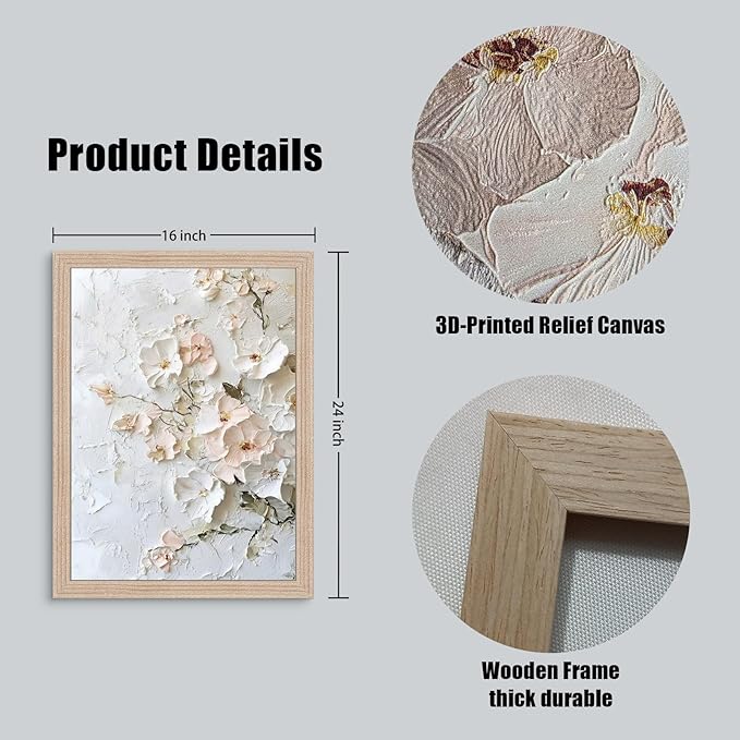 Framed 3D Floral Canvas Wall Art Textured Floral Oil Painting Modern Neutral