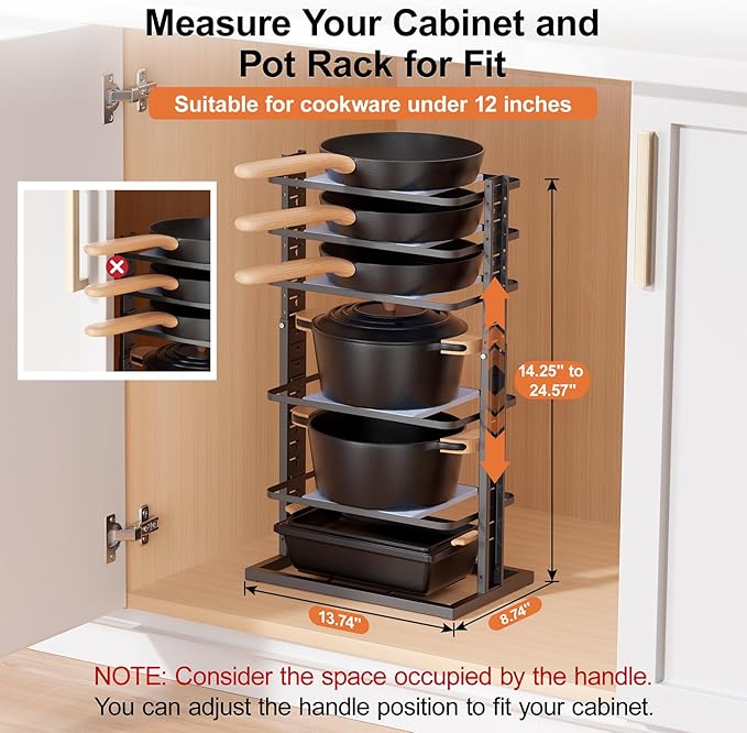 LAMU Pots and Pans Organizer for under Cabinet, 6-Tier Heavy Duty Pan Pot Organizers inside Cabinet Adjustable 14 to 24.57", Pot Rack Kitchen Cabinet Organization and Storage Holds up to 12" Cookware
