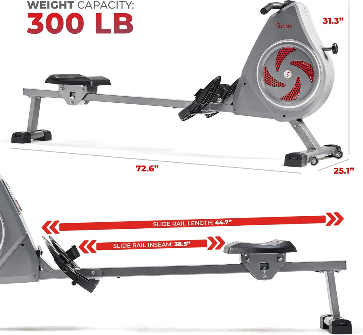 Sunny Health & Fitness Rower w/Long Slide Rail, Cardio Rowing Equipment for Home Gym Training w/LCD Monitor & Device Holder, Optional Free SunnyFit App Bluetooth Connection
