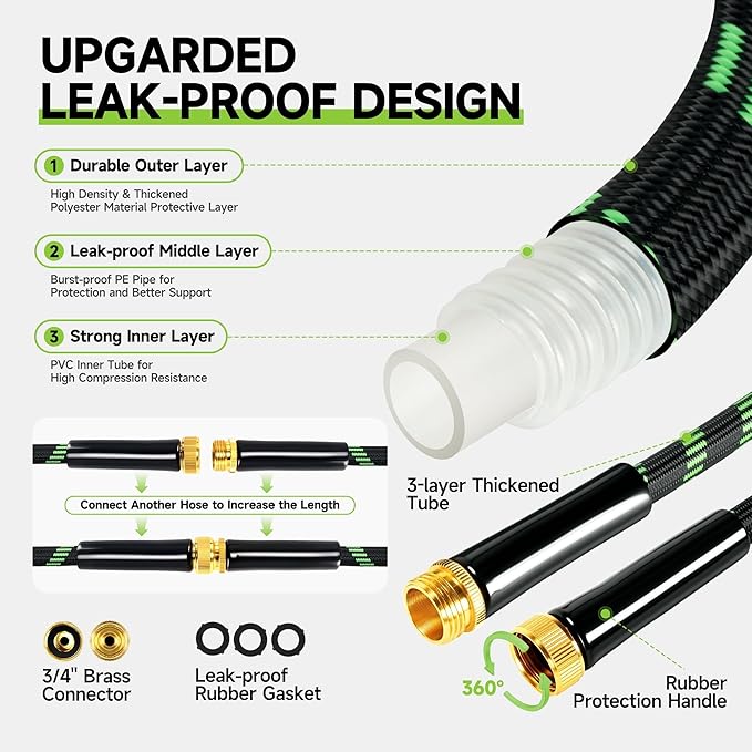 Garden Hose 75 ft Flexible Water Hose Non-Expanding Lightweight Kink-Free Hoses Durable Leak-Proof High Pressure Pipe with 3/4” Brass Fitting 10 Function Nozzle for Outdoor Yard Lawn Car Wash