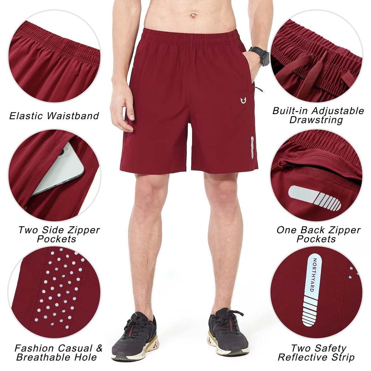 NORTHYARD Men's Athletic Running Shorts Gym Workout 7"/9"/5" Quick Dry Lightweight Sports Basketball Tennis 3 Zipper Pockets WineRed 3XL