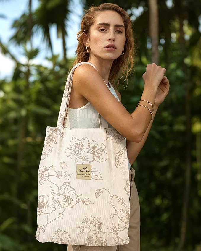 Miss Adola Corduroy Tote Bag for Women - Reusable Totes with Magnetic Buckle & Pocket Aesthetic Design Work Grocery Bags