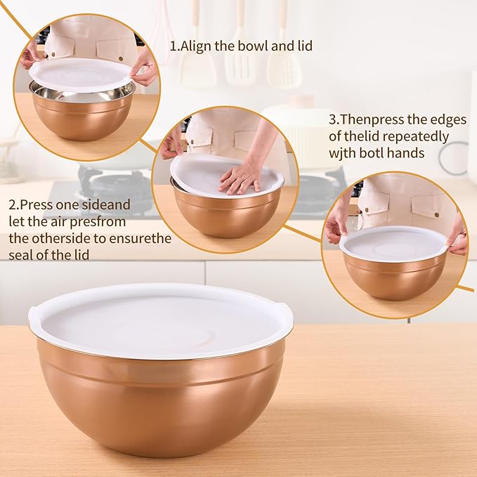 Rose Gold Mixing Bowls With Airtight Lids,Stainless Steel Bowl,Salad Bowls 7 Piece Colorful Nesting Bowl Rose Gold Kitchen Accessories,Size 7,3.6,2.7,2.1,1.5,1.1,0.8QT Stackable Design