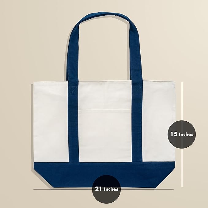 Carrywell (Not Made In China) Canvas Tote Bags with Zipper 6-Pack, 15"x 21", Heavy Duty Organic Cotton With Handles and Front Pocket, Reusable Shopping Totes