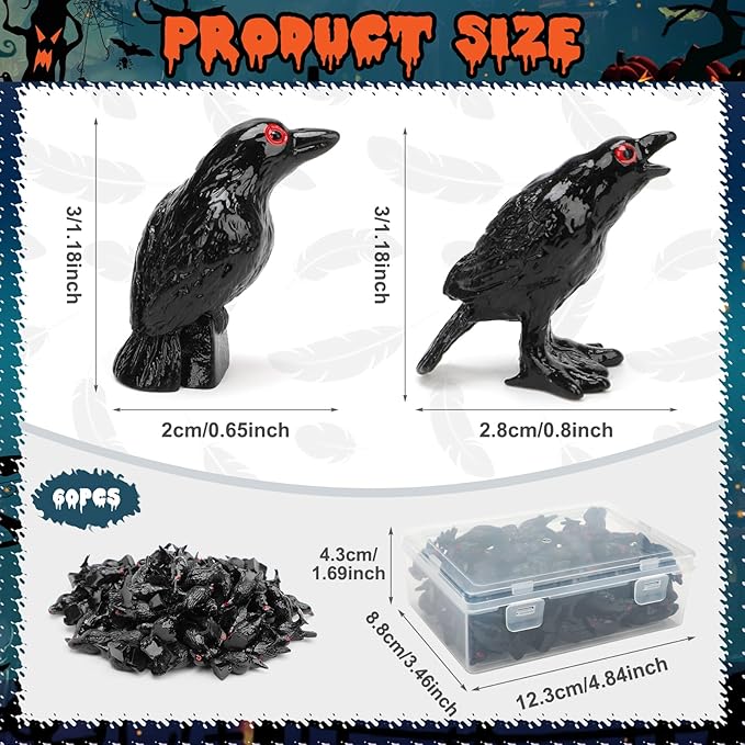 60pcs Mini Black Crow Decor, Miniature Resin Fake Crow Halloween Decor Tiny Black Birds Cake Topper Raven Figurine Halloween Ravens Decoration for Holiday Scene Micro Landscape Spooky Party