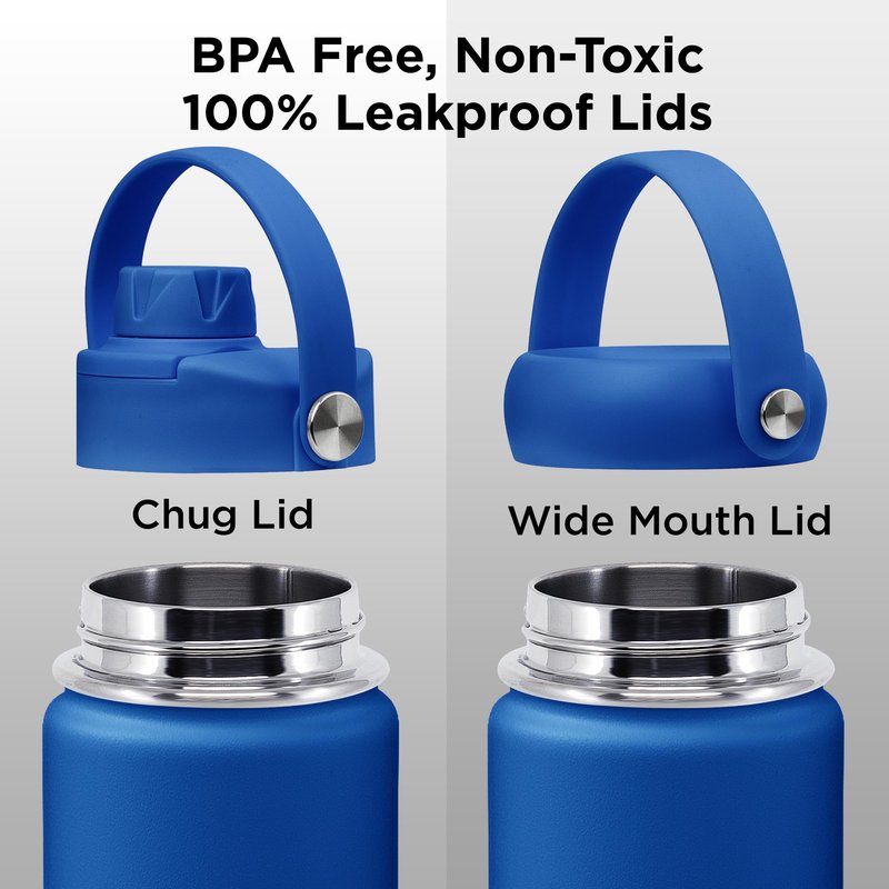 ThermoProof Double-Walled Vacuum Insulated Stainless Steel Water Bottle - Wide Mouth with Chug & Spout Lids, Dishwasher Safe, Reusable, Leakproof, Hot & Cold for Men, Women & Kids - 22oz, Blue