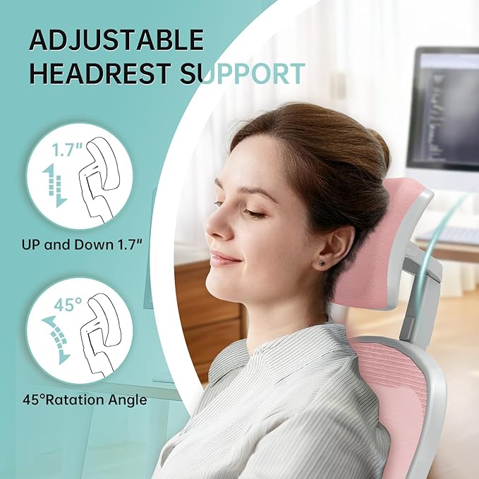 Synorla Office Chair Ergonomic Desk Chair, 330LBS Capacity, High Back Computer Design for Long Hours Comfort, Rolling Swivel Executive Task for Home Office with Flip-up Armrests (Grey Pink)