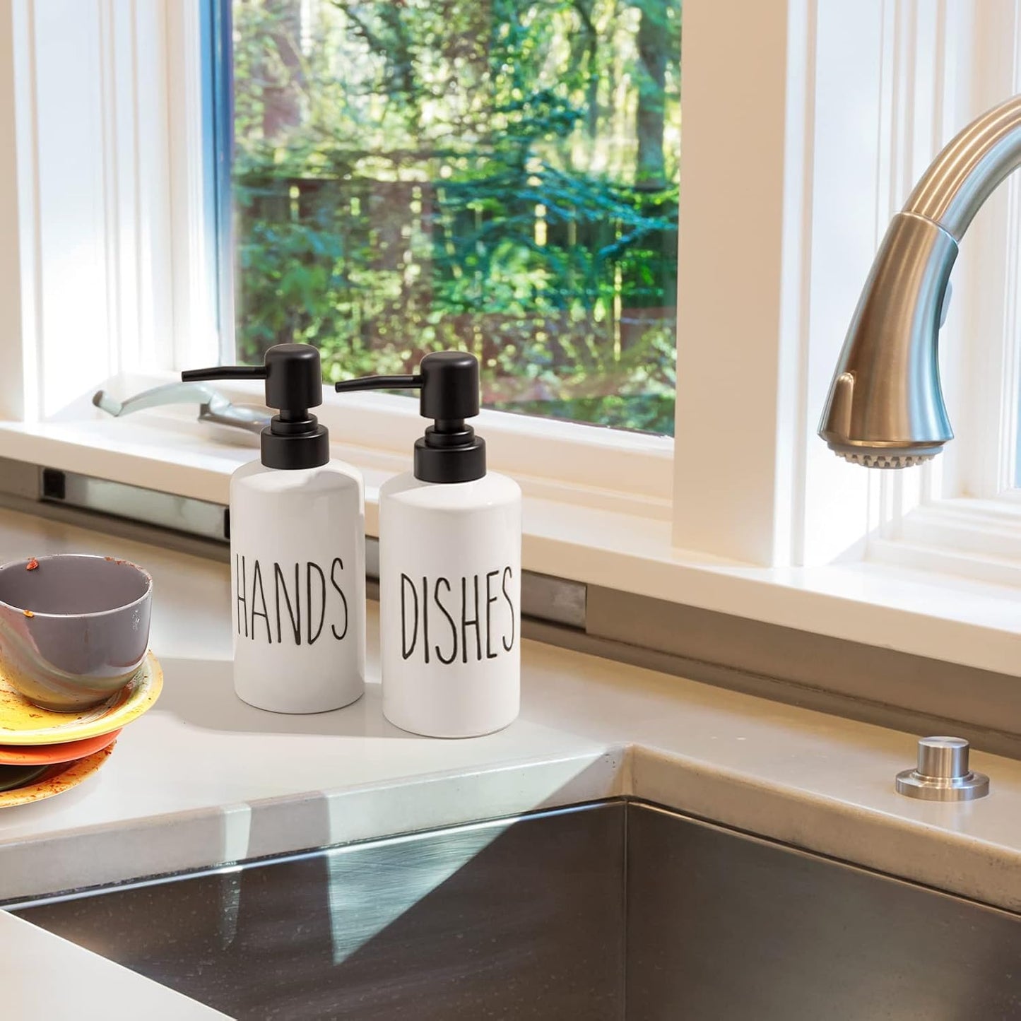 FE Dish Soap Dispenser for Kitchen, 10oz Ceramic Soap Dispenserr for Bathroom with Plastic Pump(Dishes)