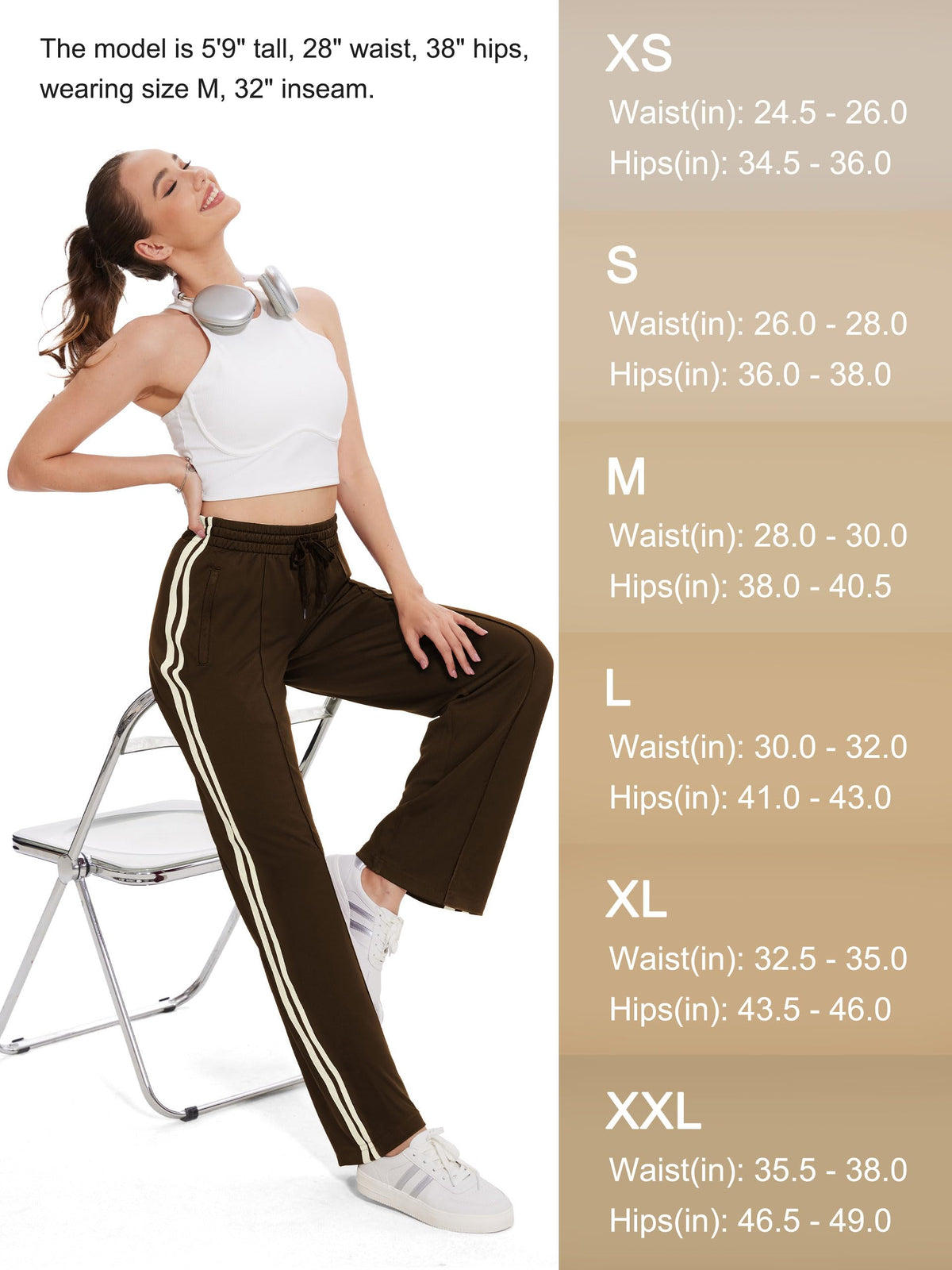 Tapata Long Womens 32" Inseam Track Pants Relaxed Fit Striped Workout Sweatpants Baggy Trousers with Zipper Pockets, Brown, S