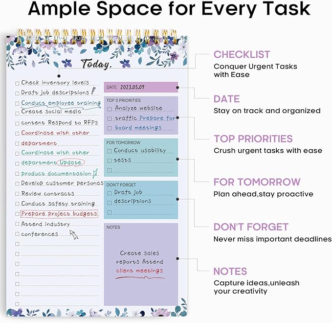 Taja To Do List Notepad - To Do List Notebook for Work with 52 Sheets, 9.8" x 6.5", Undated Daily Planner Perfect for Daily Tasks and Goal Setting, Notepad Suitable for Office, Home & School - VioletBloom