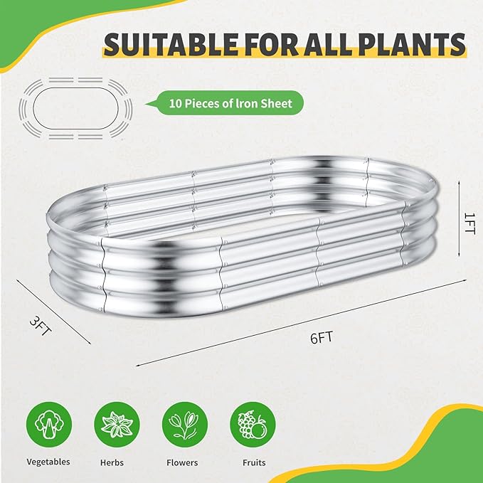 HOOPLE 2 Pack Raised Garden Bed 6x3x1FT, Galvanized Metal Raised Garden Bed Outdoor, Oval Design with Open Base for Better Drainage, Easy Gardening for Vegetables, Flowers & Herbs