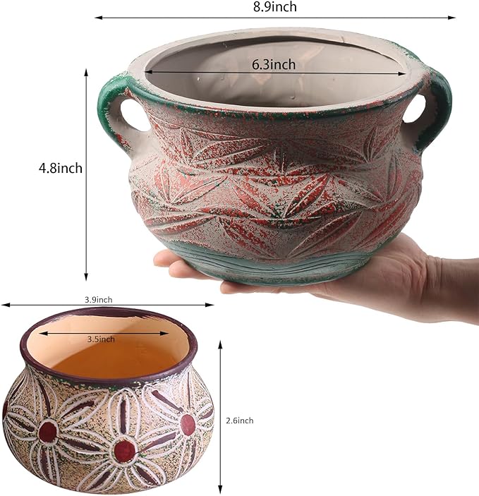 Ceramic Succulent Pot with Drainage Hole, Bohemia Rustic Decorative Planter, Set of 2, Indoor Outdoor