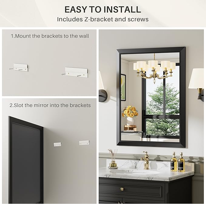 24x32 Inch Black Bathroom Mirror for Wall, Thick Metal Framed Rectangle Mirrors for Over Sink, Bedroom, Living Room, Entryway, Anti-Rust, HD Tempered Glass