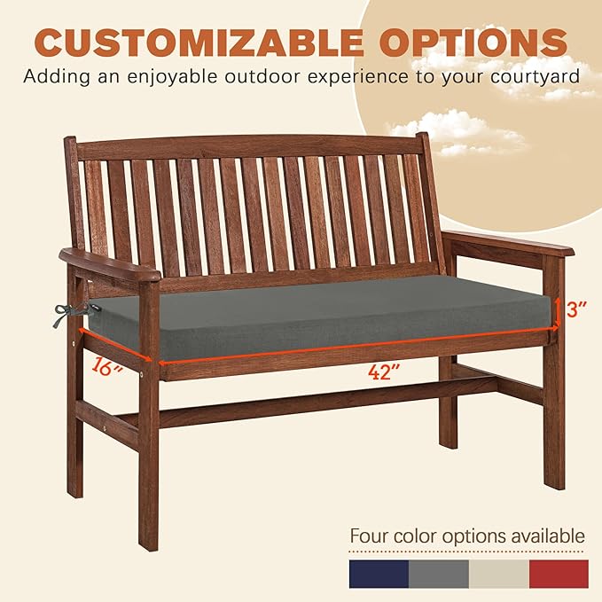 Favoyard Outdoor Bench Cushion 42 x 16 Inch Rainproof Patio Furniture Cushions 3-Year Color Fastness Garden Settee Porch Pads with Ties, Dark Gray