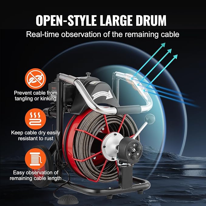 VEVOR Drain Cleaner Machine 100FT x 1/2 Inch, Auto Feed Sewer Snake Auger on Wheels, 550W Portable Drain Cleaning Machine with 8 Cutters & Air-activated Foot Switch for 2" to 4" Pipes
