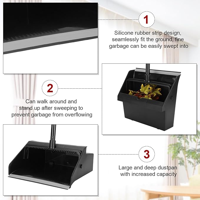 Leumoi 20 Pcs Dust Pans with Long Handle Set 36.6 Inch Commercial Dust Pan with Comb Large Plastic Stand up DustPans for Outdoor Indoor Restaurant Home Office Floor Cleaning (Black)