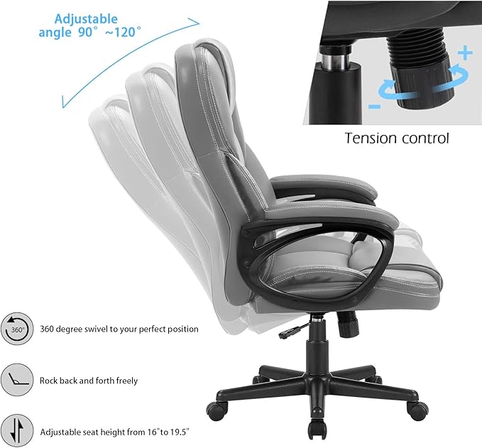 Furmax Office Executive Chair High Back Adjustable Managerial Home Desk Chair, Swivel Computer PU Leather Chair with Lumbar Support (1, Gray)