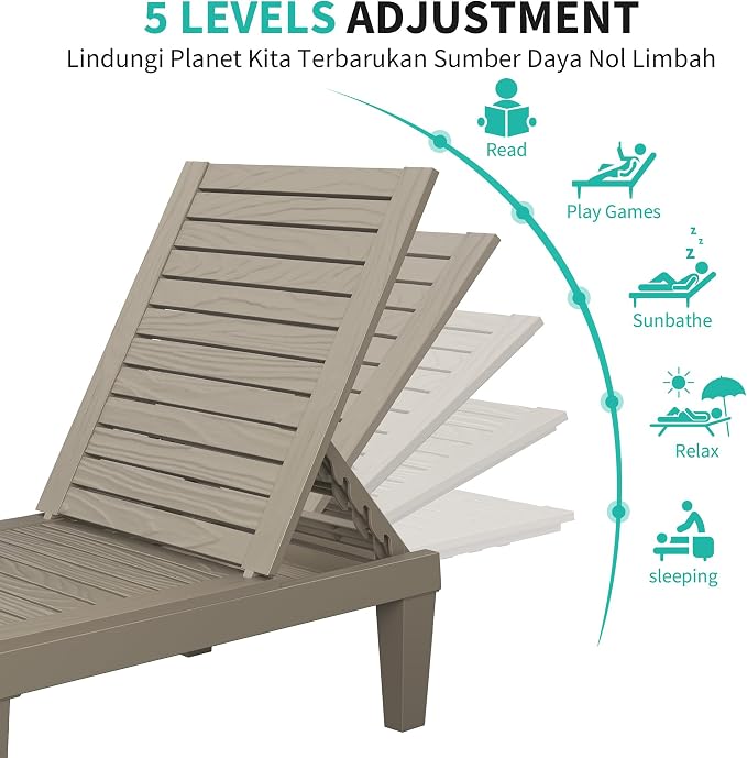 Outdoor Chaise Lounge Chairs Set of 6, 5-Position Adjustable Tanning Lounge Chairs with Wood Texture, All-Weather Resin Patio Lounge Chair for Pool, Garden, Deck, Beach, Striped Grey