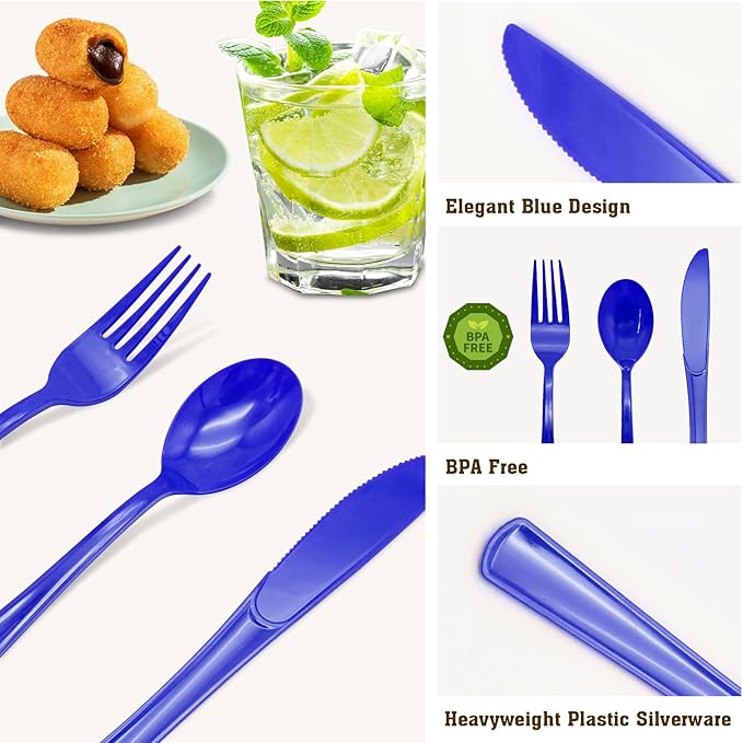 150 Pack Dark Blue Plastic Silverware, Blue Plastic Utensils Heavy Duty, 50 Forks, 50 Knives, 50 Spoons for Birthday, Graduation, Memorial Day, Flag Day, 4th of July