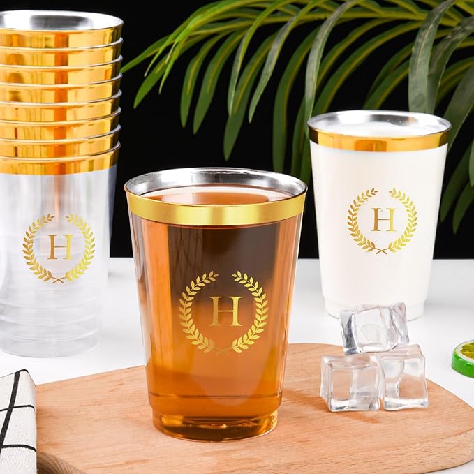 100 Pieces Monogrammed Plastic Cups Gold Foil Letter H Disposable Cups 12 oz Clear Initial Party Cups for Wedding Birthday Baby Shower Personalized Party Drinkware