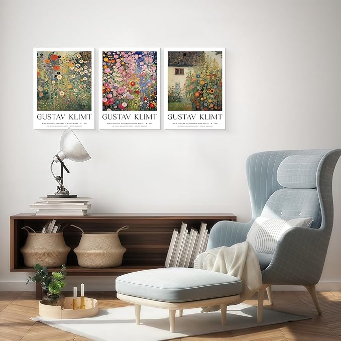 Framed Gustav Klimt Canvas Wall Art Colorful Floral Poster Picture Vintage Countryside Painting Nature Landscape Modern Home Print Living Room Gallery Office Ready to Hang 12x16 Inch x3