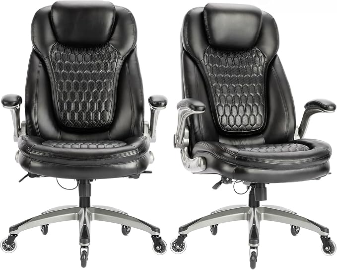 COLAMY High Back Executive Office Chairs,Ergonomic PU Leather Desk Chairs with Flip-Up Armrests, Adjustable Height, Lumbar Support,Comfortable Computer Chairs for Home Office,Set of 2