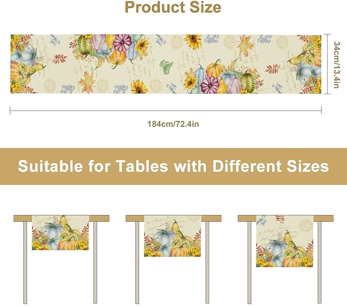 Fall Table Runner Watercolor Pumpkins Sunflowers Maple Leaves Baroque Floral Birds Country Thanksgiving Home Decor for Farmhouse Indoor Outdoor Party Holiday Dining Kitchen Restaurant Cafe W13xL60in