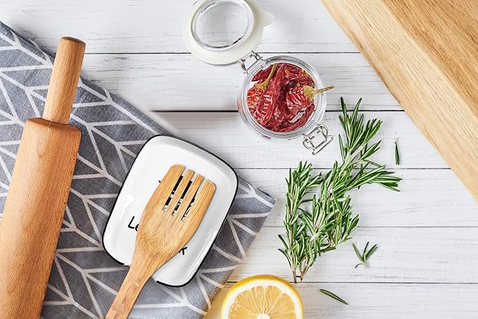 Ceramic Spoon Rest for Kitchen Stove Top Counter, Funny Let's Cook White Spoon Holders for Chef, Modern Farmhouse Kitchen Cute Decor