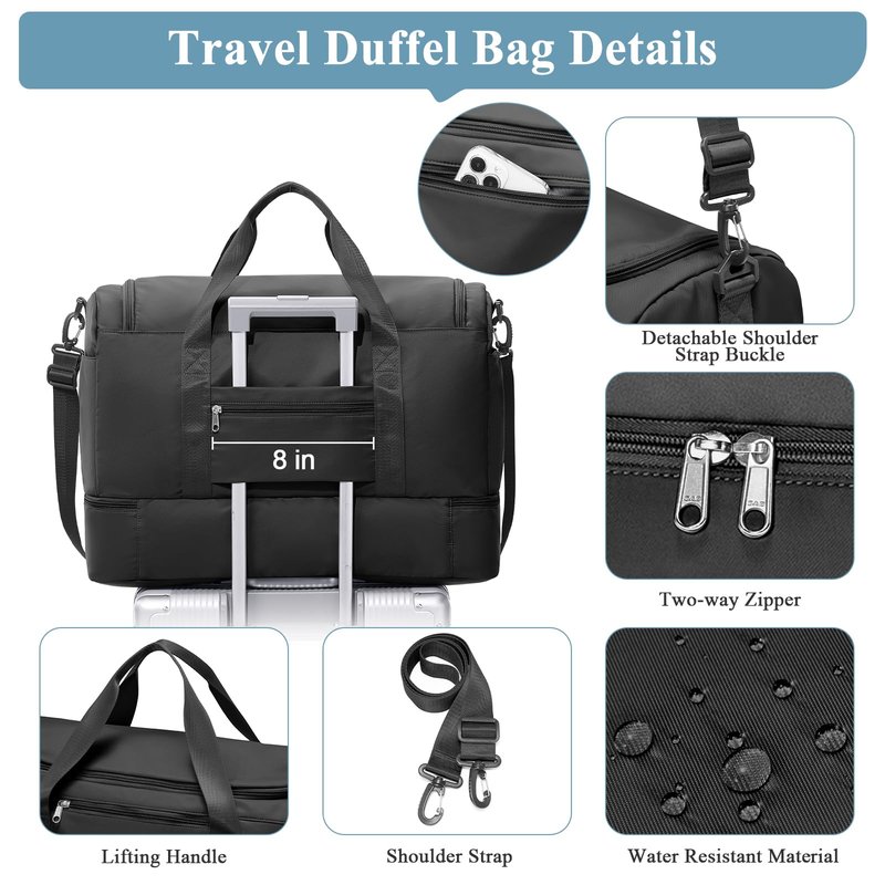 Extra Large Travel Duffle Bag,Carry on Overnight Weekend Bag with Shoes Compartment,Weekender Bags for Women for Travel Business Trips Sport Hospital,3 Pcs Set,Black