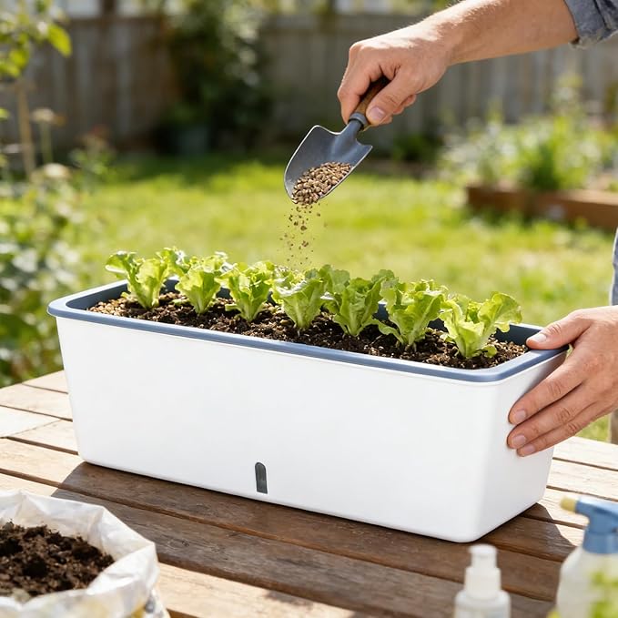 2 Pack Rectangular Planter 17 x 4.5 in Self Watering Planter Window Sill Planters Indoor Rectangle Planter Self Watering Pots Plastic Plant pots with Drainage Holes White Flower Pot Indoor