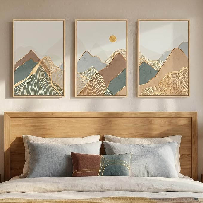 Framed Boho Abstract Mountain Wall Art Bedroom, 3 Piece Modern Nature Landscape Canvas Artwork for Walls, Sunset Minimalist Scenic Prints Wall Decor for Living Room Dining Room Hallway, 16x24 Inch