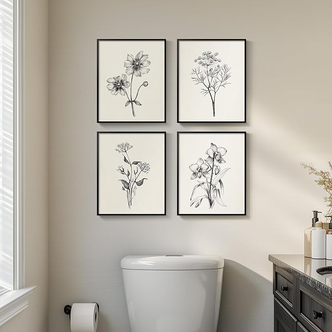Framed Black and White Bathroom Wall Art, 4 Piece Vintage Floral Canvas Prints