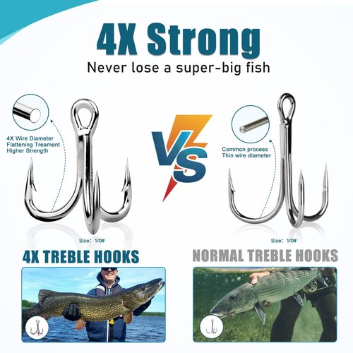 9KM DWLIFE Fishing Treble Hooks 4X High Carbon Steel Triple Hooks Fishing Treble Hooks for Salmon Trout Bluefish Catfish Hooks 10 Pcs Size 16#