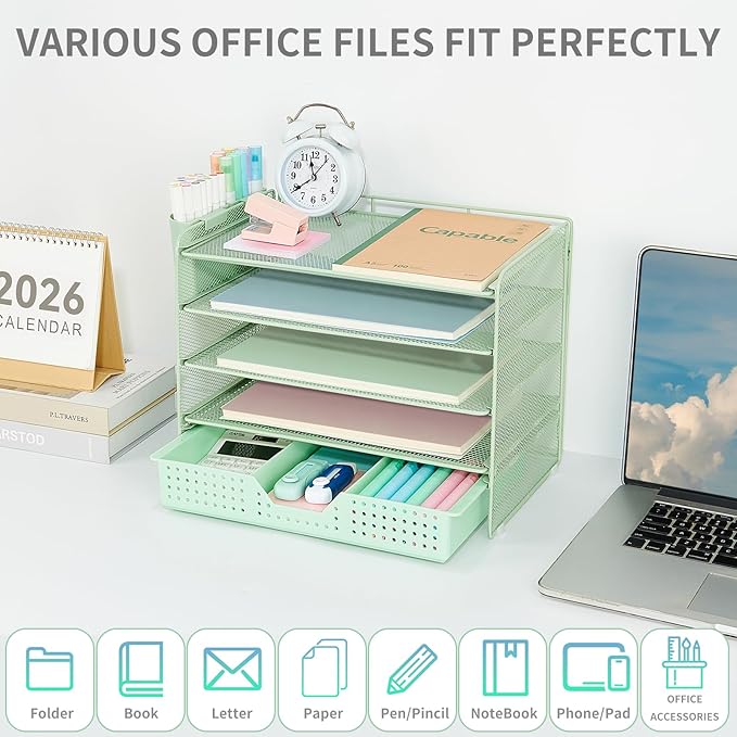 Desk Organizers and Accessories, 5-Tier Paper Letter Tray Organizer with Drawer & 2 Pen Holders, Desktop Organizer for Office Supplies (Green)