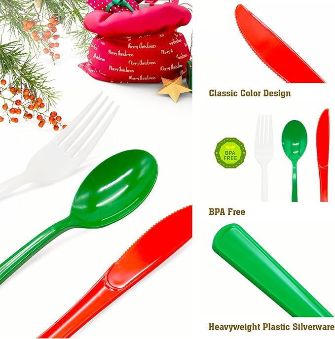 153 Pcs Christmas Plastic Silverware Heavy Duty Disposable Tableware Sets Includes Spoons Forks Knives for Christmas Party Decorations (Red Green White)
