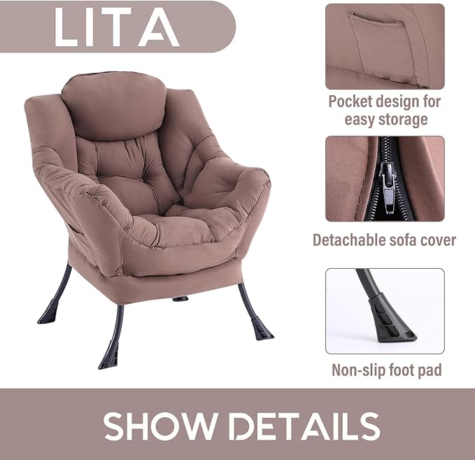 LITA Lazy Chair with Armrests and Side Pocket, Modern Upholstered Accent Reading Chair for Living Room, Bedroom, Dorm, Small Spaces, Single Dark Brown
