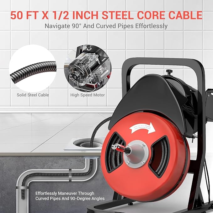 50FTx1/2 Inch Drain Cleaner Machine with Wheels, Sewer Snake Electric Drain for 2" to 4" Pipes, Plumbing Snake Auger Cleaner with 6 Cutter & Foot Switch for Sewer, Sink, Toilet, Bathroom
