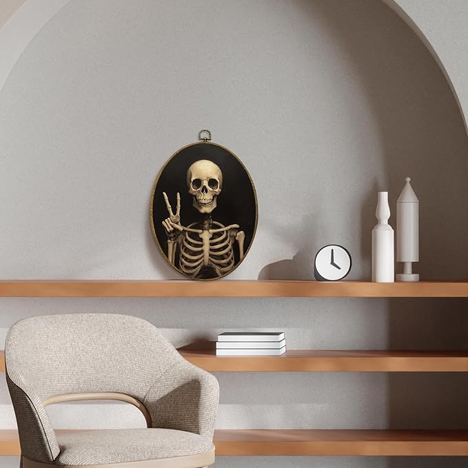 CUANFDDSF Funny Gothic Skeleton Oval Wall Art Decor, Gothic Moody Wall Hanging Decor, Spooky Dark Academia Skeleton Framed Canvas Prints for Home Bedroom Living Room, 8.6x11.4 Inch