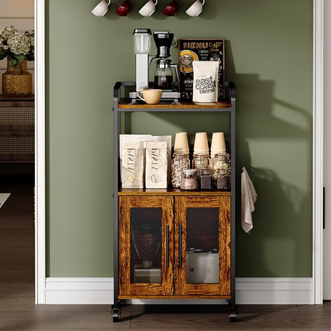 Coffee Cart, 3 Tier Coffee Cabinet with Storage, Small Coffee Station with 2 Doors, Movable Bar Cart with 4 Casters for Home Kitchen, Dining Room, Living Room (Rustic Brown) (Small)