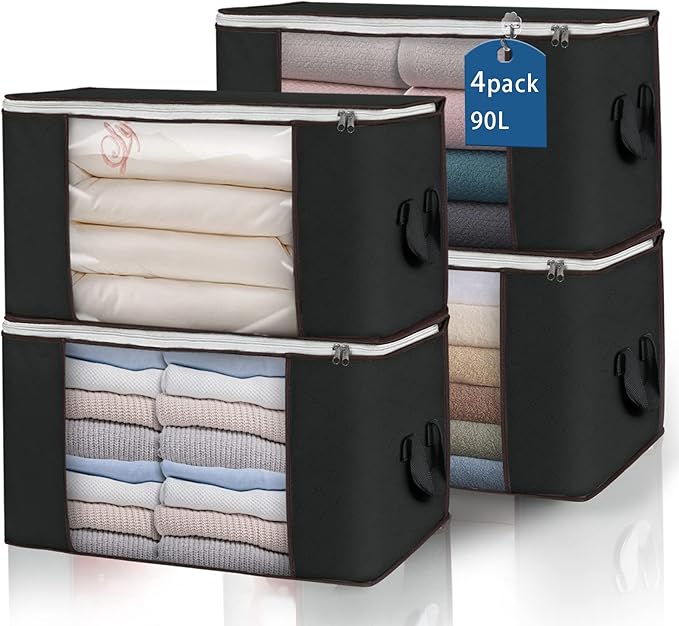 Large Storage Bags, 4 Pack Clothes Storage Bins Foldable Closet Organizers Storage Containers with Durable Handles Thick Fabric for Blanket Comforter Clothing Bedding 90 L (Black)