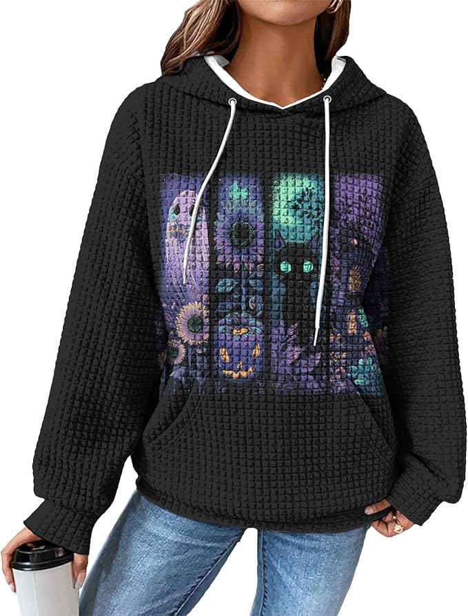 Halloween Sweatshirts for Women Novelty Graphic Drawstring Waffle Hoodies Loose Casual Pullover Tops with Pocket