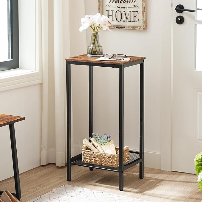 HOOBRO Tall Side Table, Industrial End Telephone Table with Adjustable Mesh Shelves, Small Tall Night Stand for Living Room, Bedroom, Entryway, Office, Rustic Brown and Black BF03DH01
